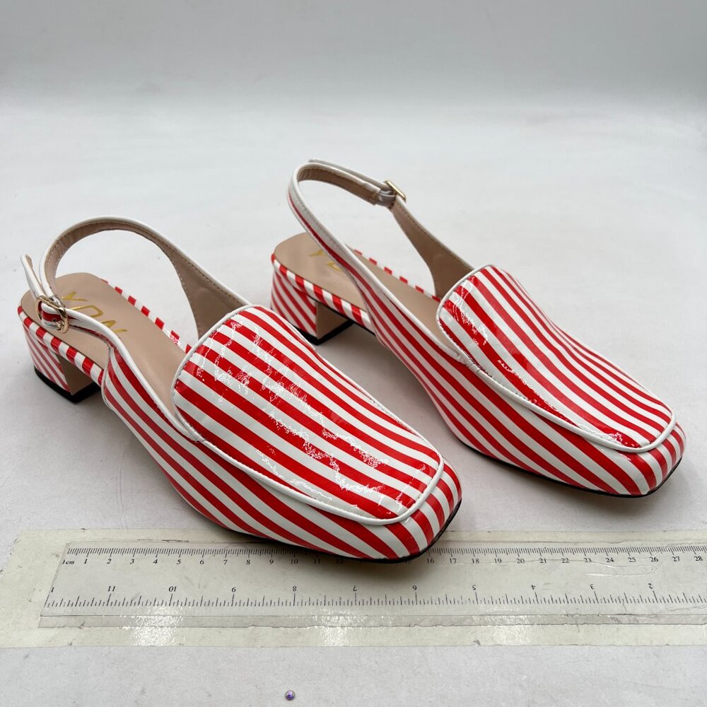Ydn Red Stripe Square Toe Block Low Heels Slingba… - image 4